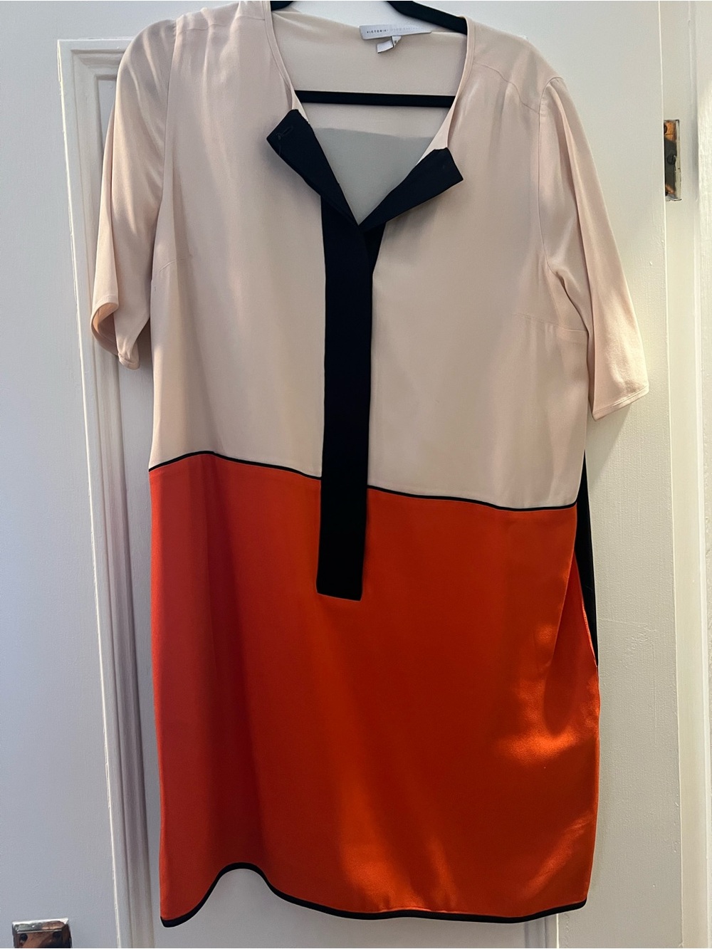 Victoria Beckham Cream and Orange Colorblock Midi Dress with Black Trim US 10